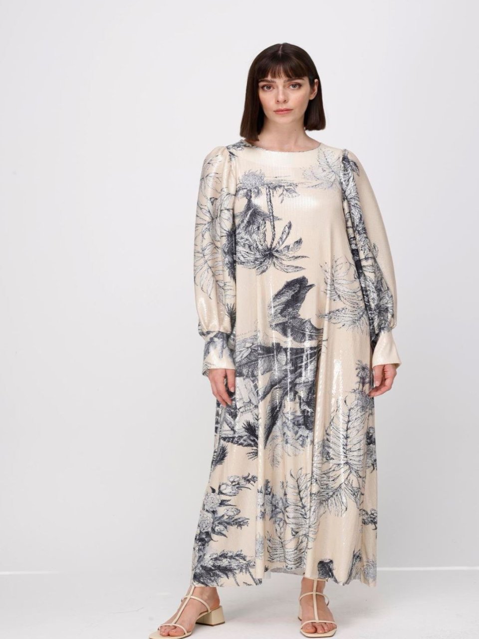 Sequin Palm Tree House Pattern Balloon Sleeve Maxi Dress 2 (M-L) Sequin Palm Tree House Pattern Balloon Sleeve Maxi Dress 2 (M-L)