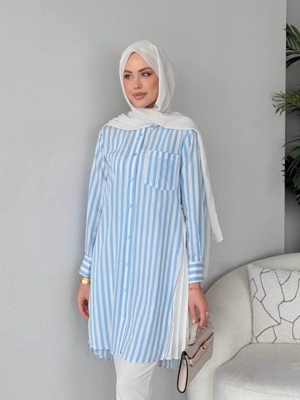 Baby Blue Striped Blossom Collection Linen-Cotton Shirt