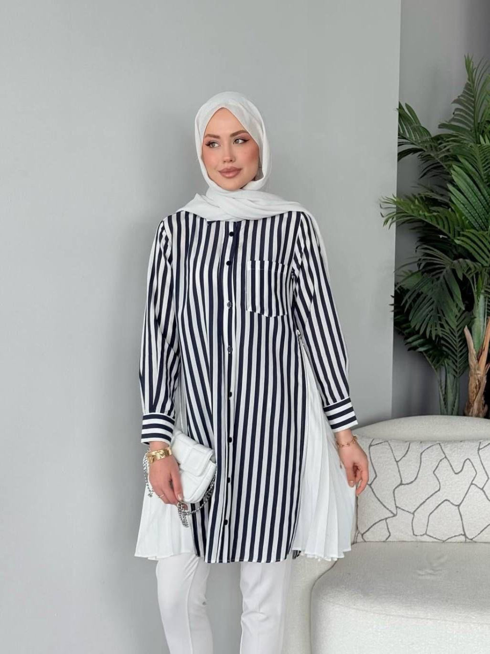 Navy Blue Striped Blossom Collection Linen-Cotton Shirt
