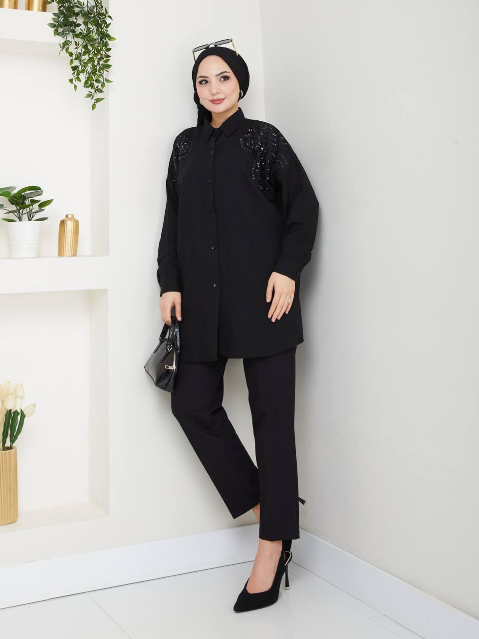 Black Inlaid Blossom Collection Linen-Cotton Shirt