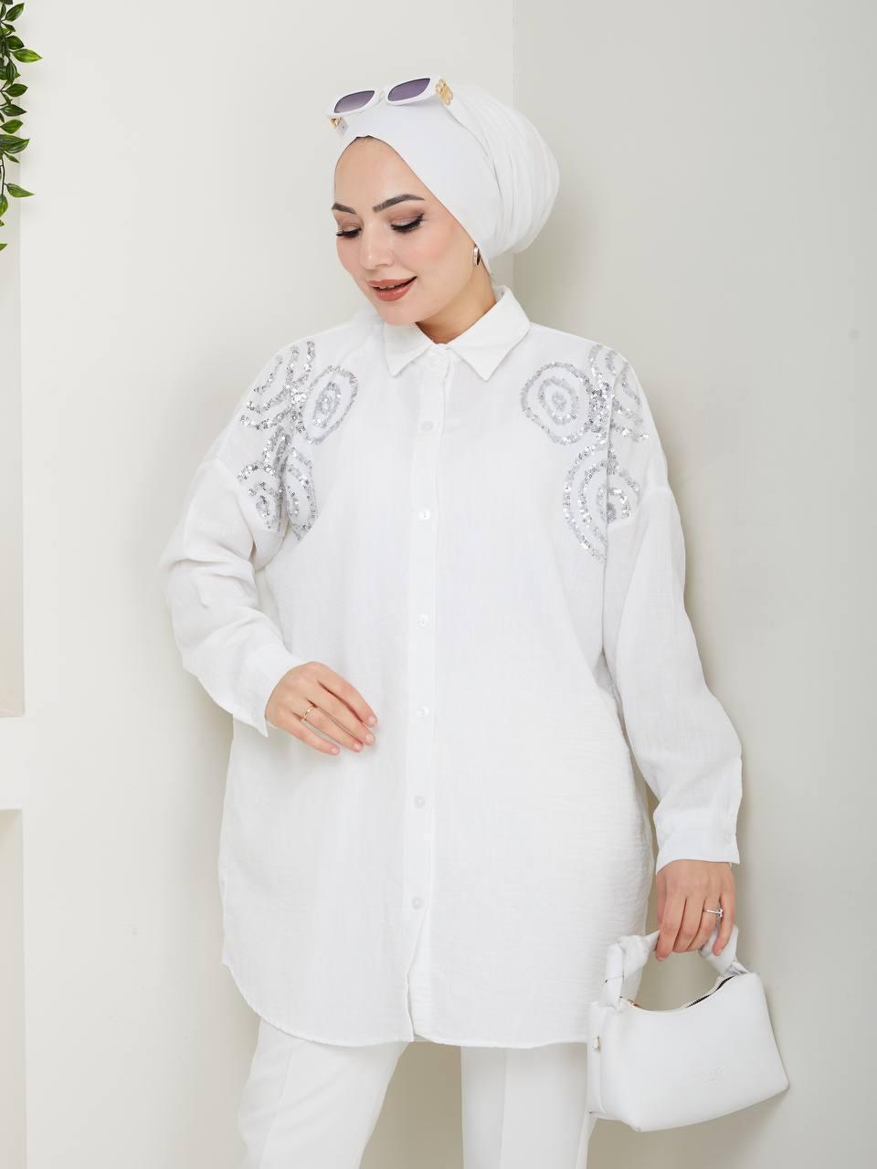 White - Gray Inlaid Blossom Collection Linen-Cotton Shirt