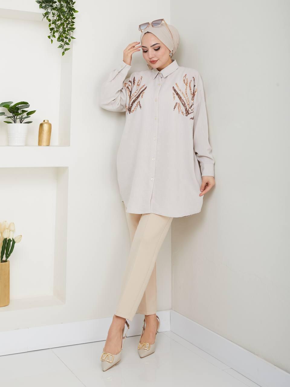 Beige - D Brown Inlaid Blossom Collection Linen-Cotton Shirt
