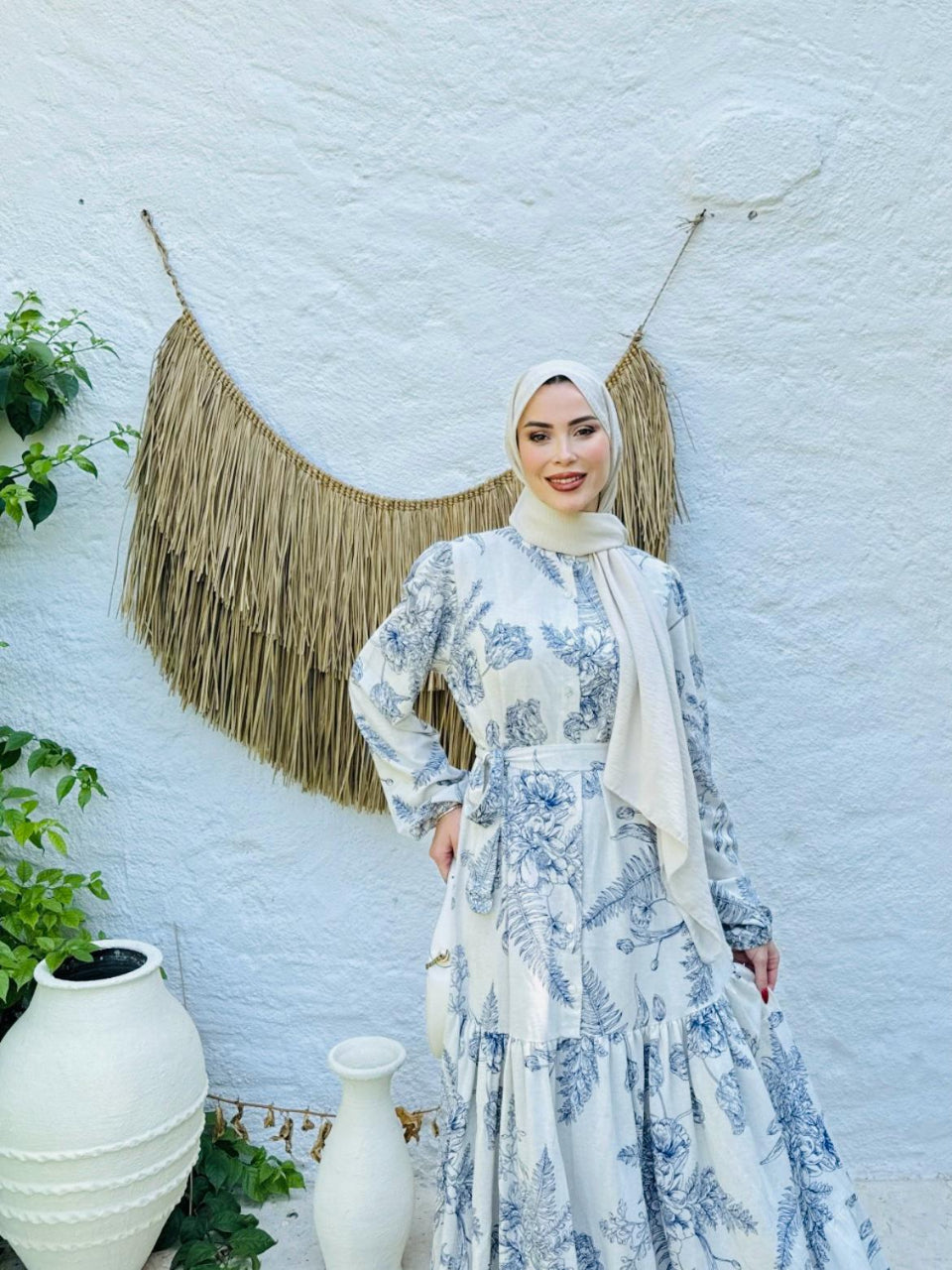 Blossom Elegant Natural Organic Summer Beige & Blue Pattern Dress