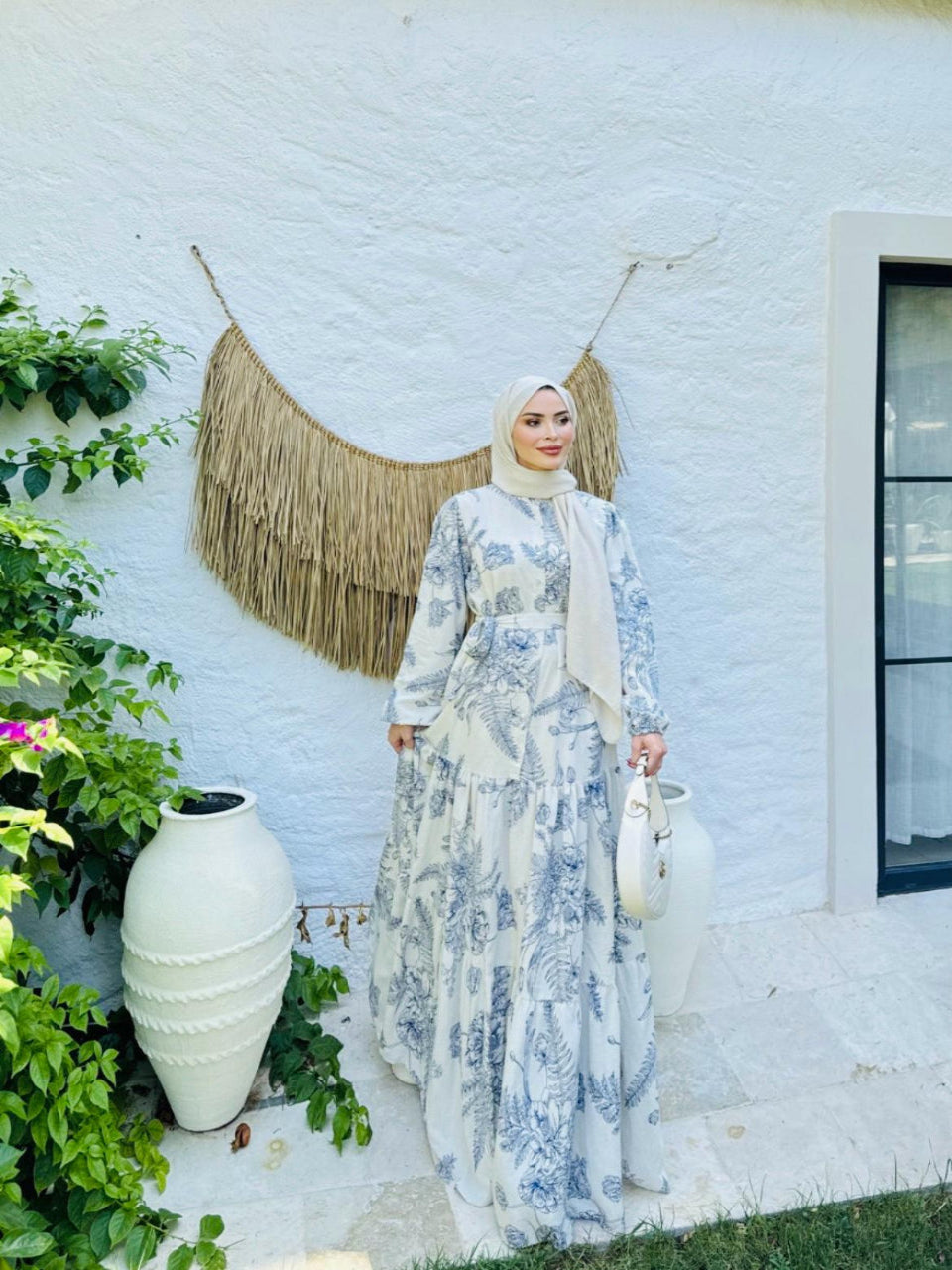 Blossom Elegant Natural Organic Summer Beige & Blue Pattern Dress
