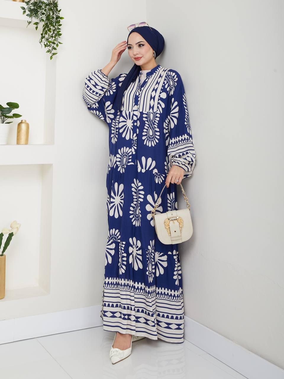 Elegant Blossom Maxi Dress – Navy Blue with Pattern Cotton for Summer
