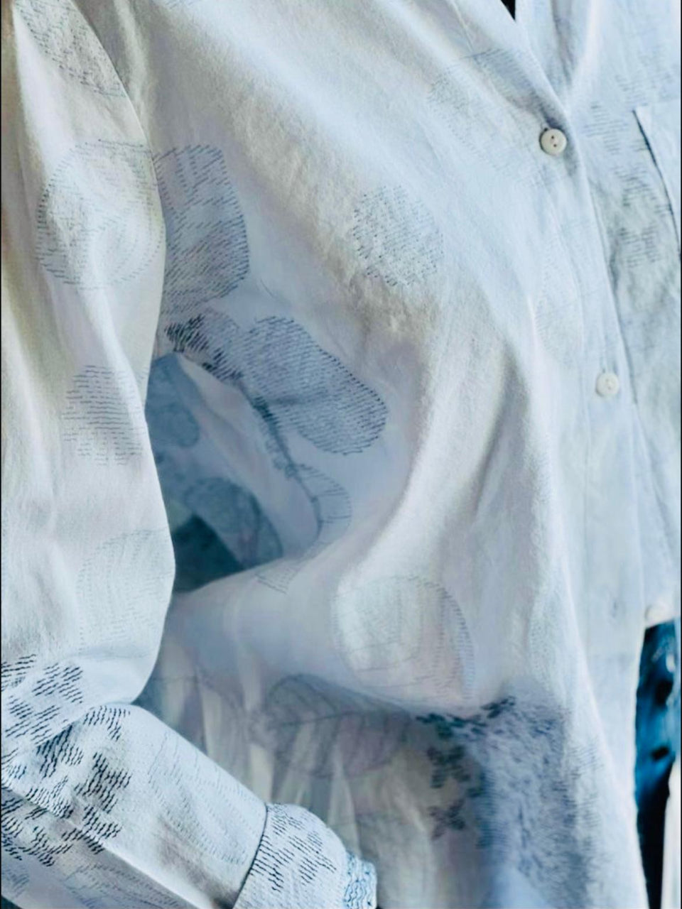 Blossom New Collection Linen-Cotton White Shirt with Blue/Purple Floral Pattern