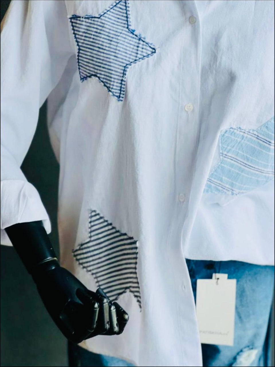New Blossom Collection Linen-Cotton White Shirt with Star Pattern