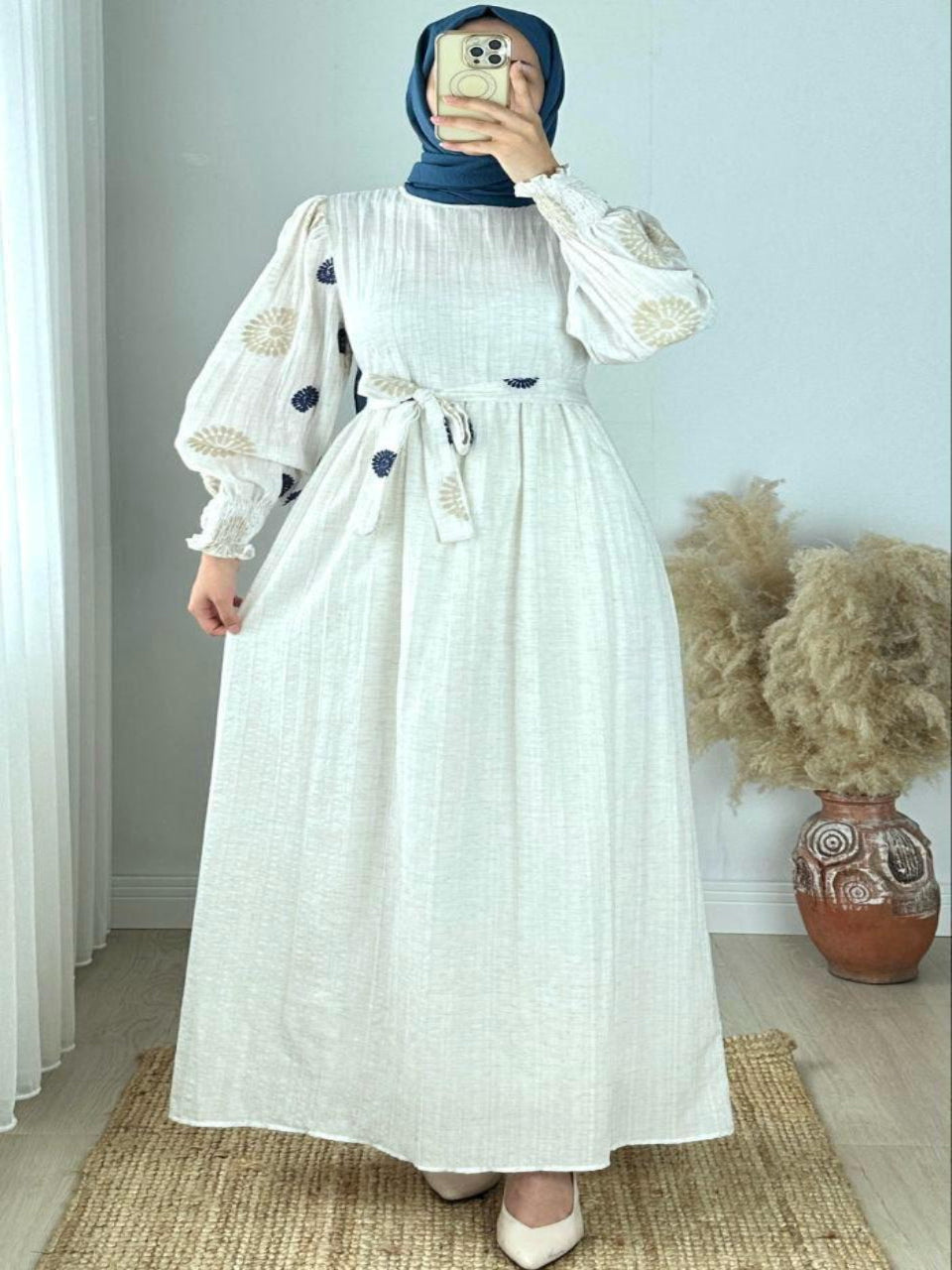 Elegant Blossom Maxi Dress – Light Beige with Black Dot Pattern Cotton for Summer