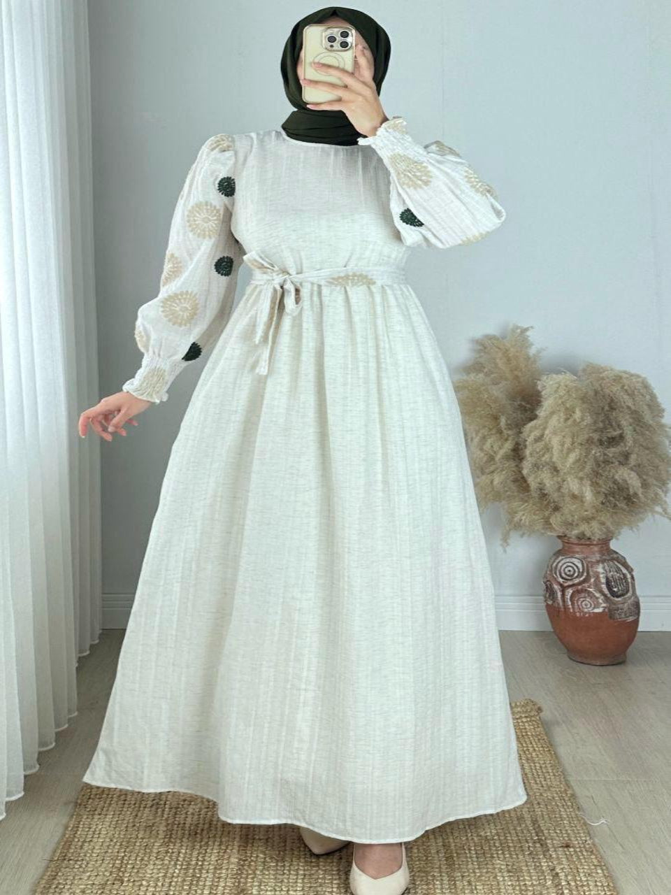 Elegant Blossom Maxi Dress – Light Beige with Black Dot Pattern Cotton for Summer