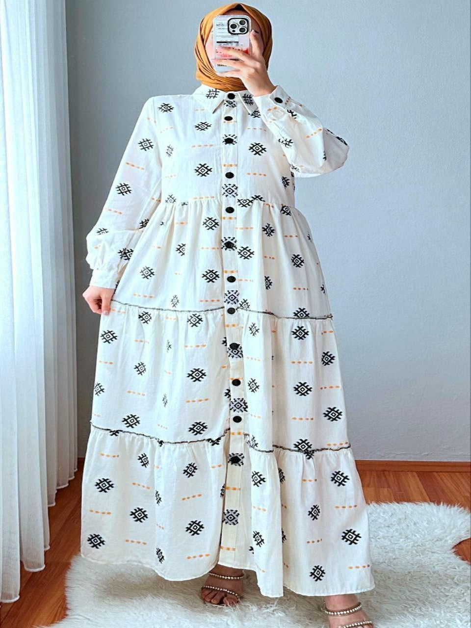 Blossom Light Beige Cotton Dress with Ancient Pattern for Summer