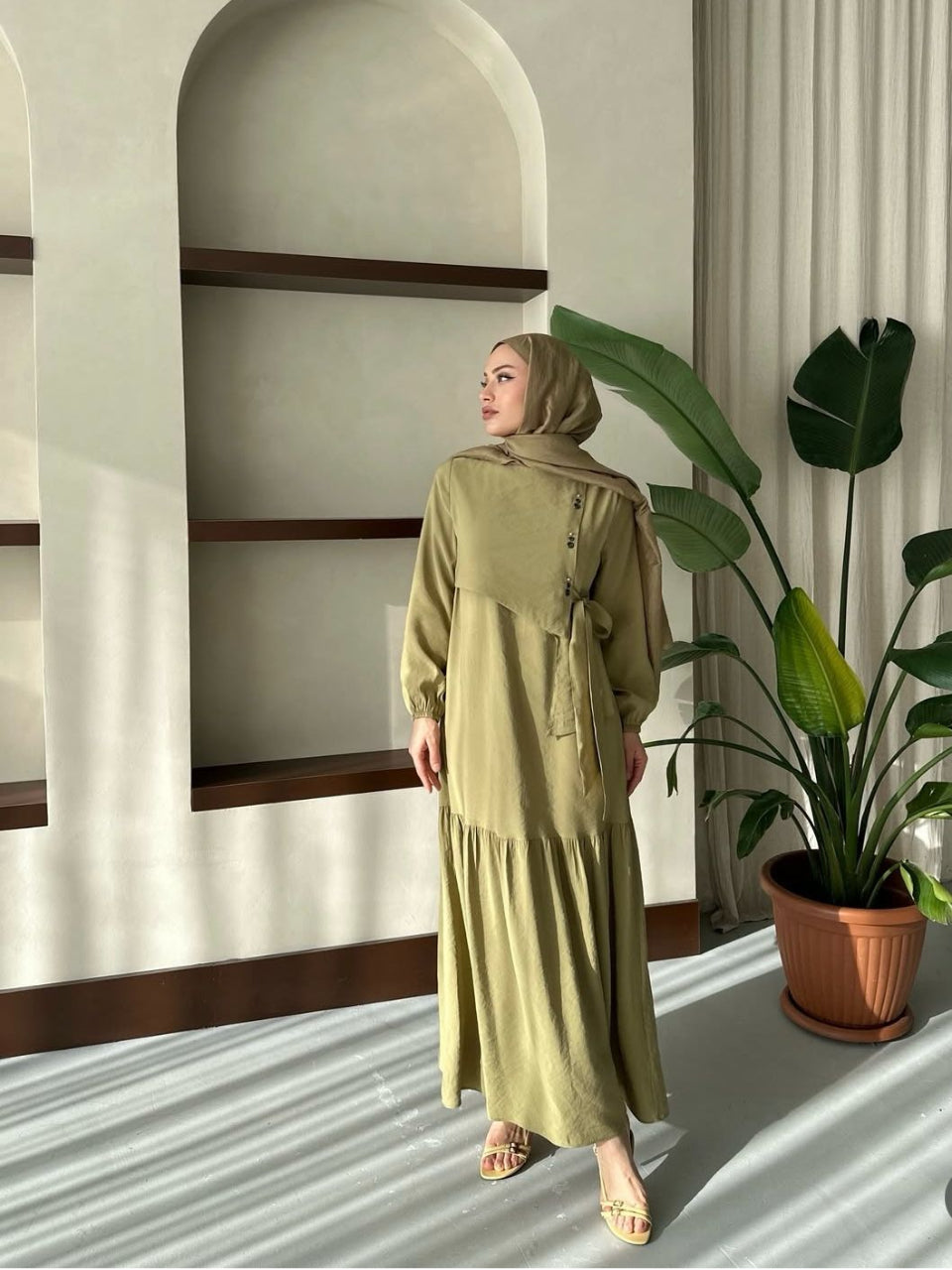Elegant Natural Cotton Olive Green Blossom Summer Dress