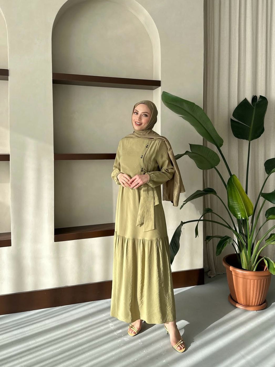 Elegant Natural Cotton Olive Green Blossom Summer Dress