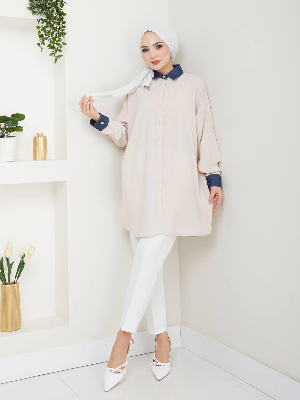 Beige & Denim Blossom Collection Cotton Shirt