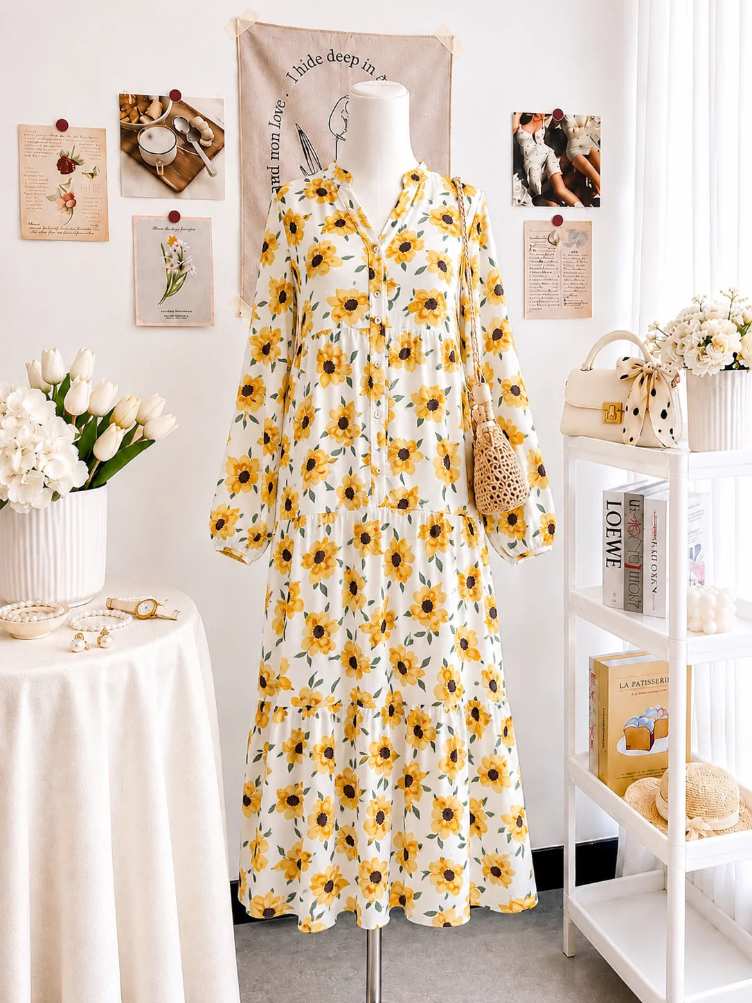 Sunflower Patterned Tiered Dress