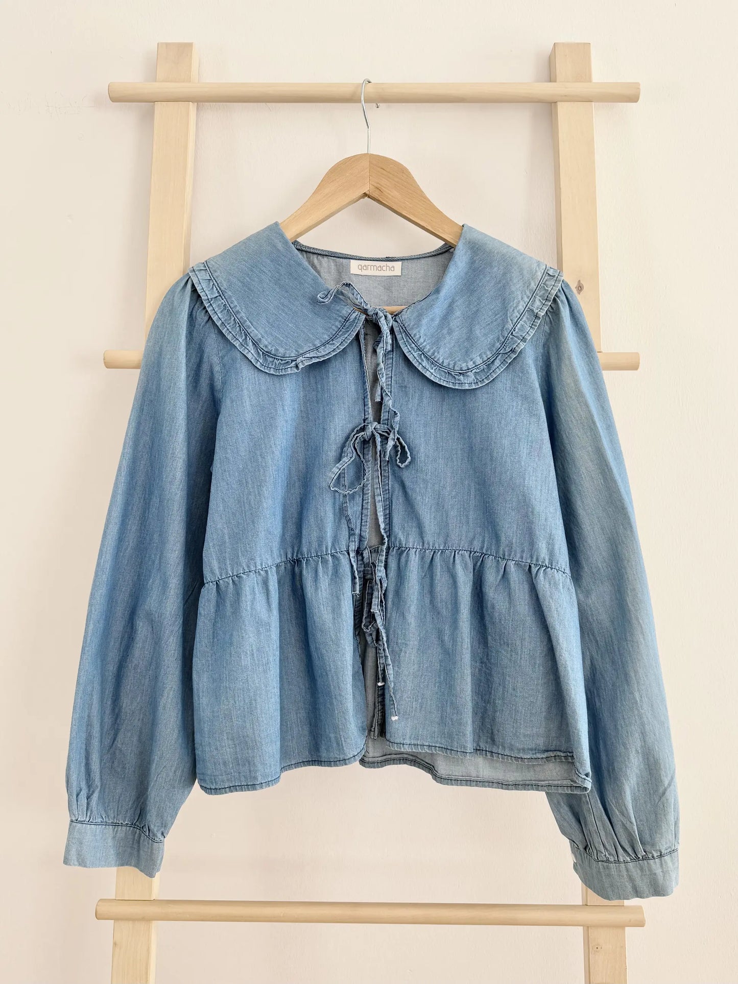 Ruffled 3 Bow Thin Denim Blouse