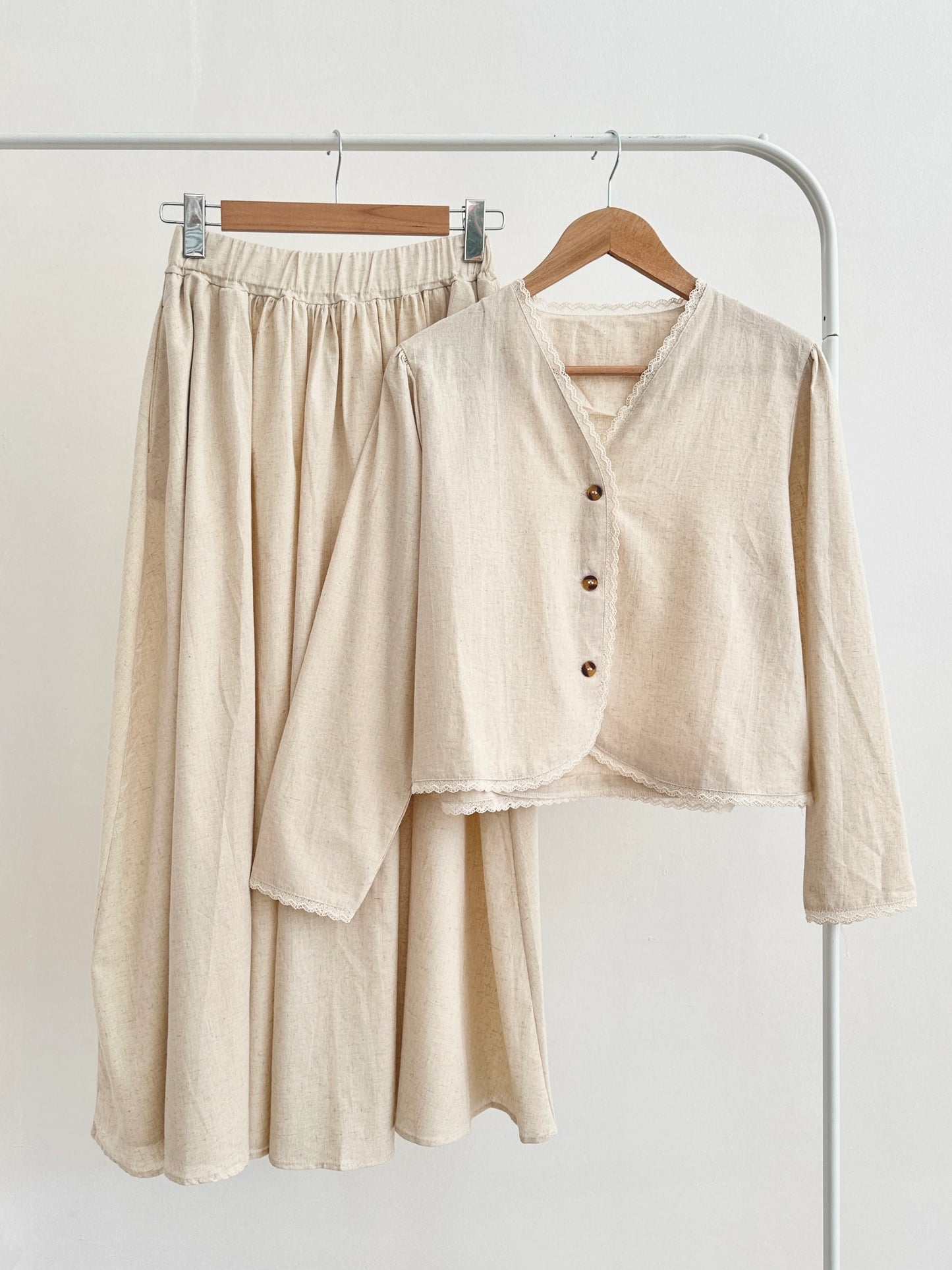 Organic Linen Lace Detail Jacket & Yoke Skirt Set