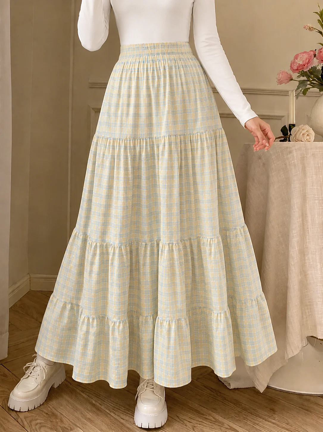Checked Tiered Flared Skirt