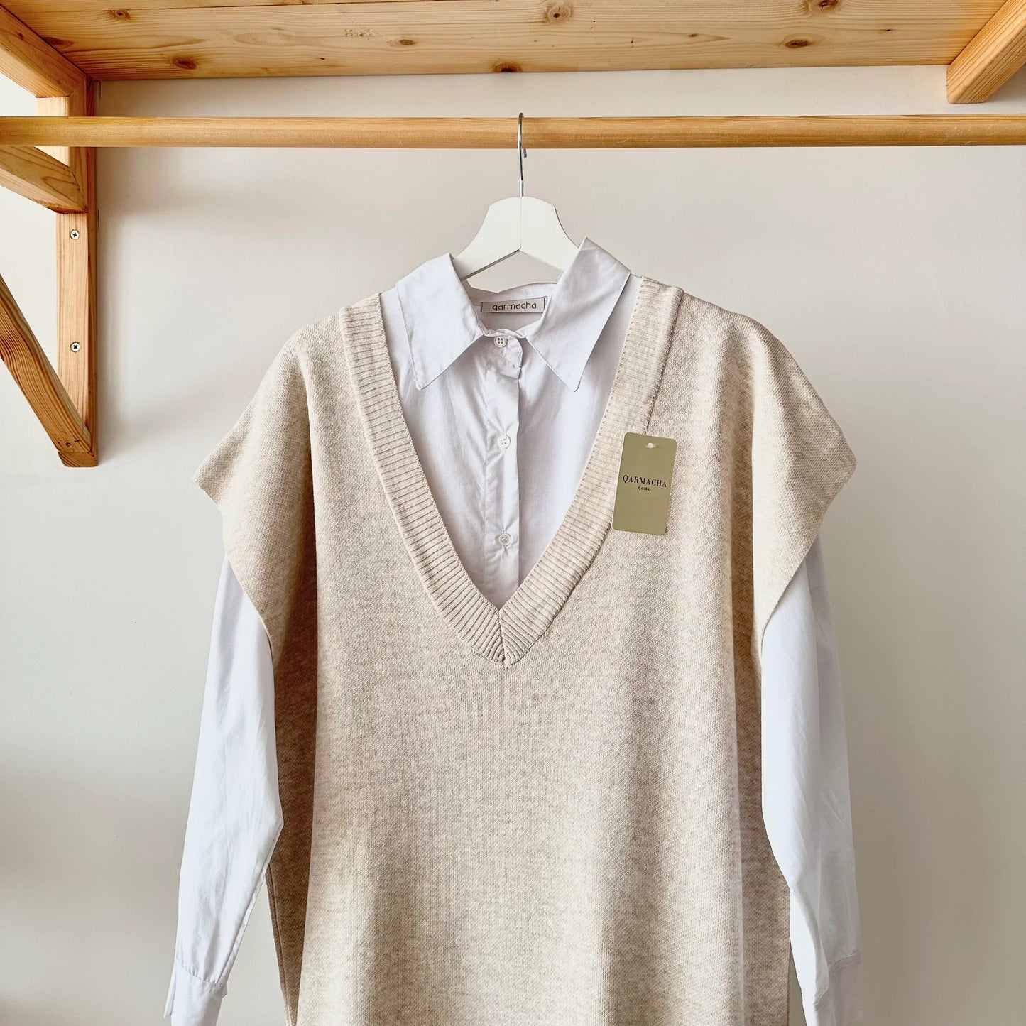 V-Neck Knit Vest & Short Shirt Set