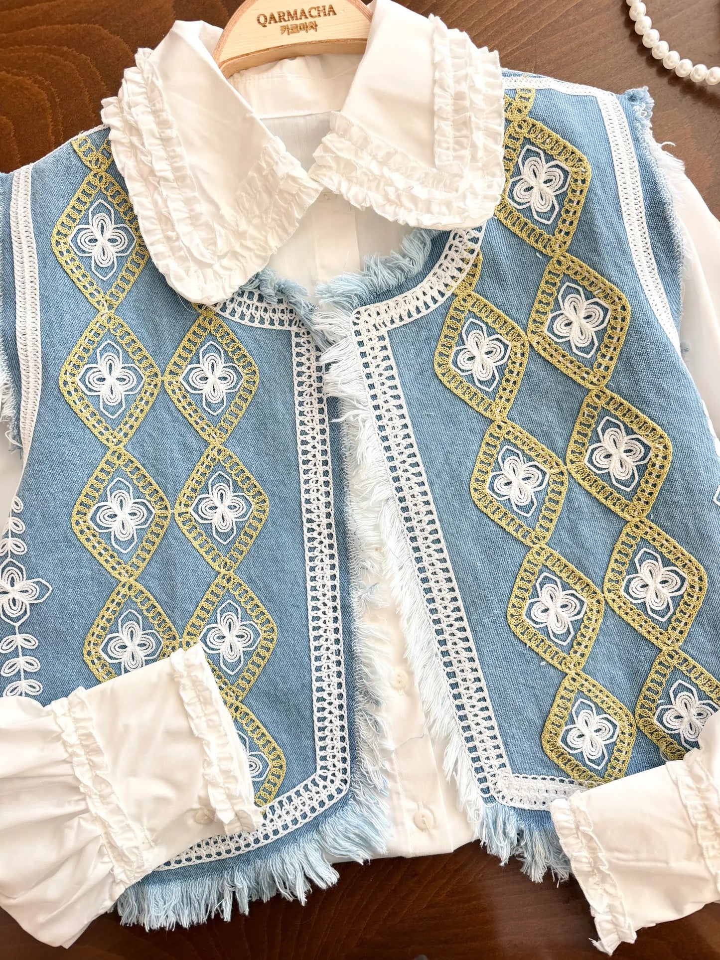 Tasseled Chain Embroidered Denim Yelek