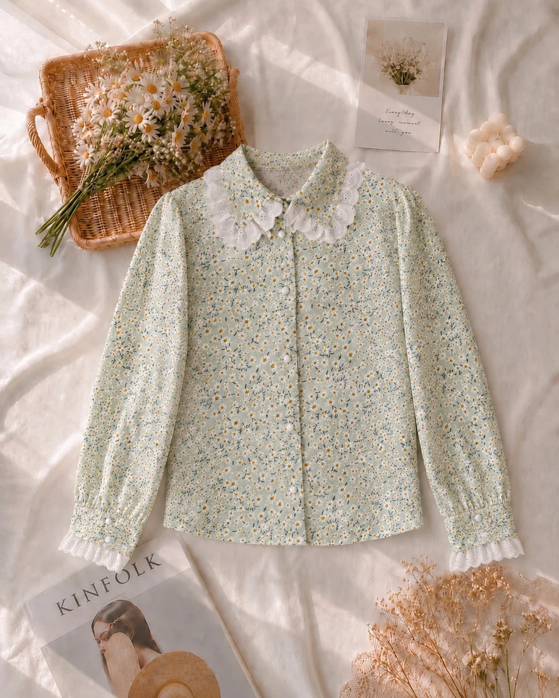 Daisy Patterned Scalloped Poplin Shirt