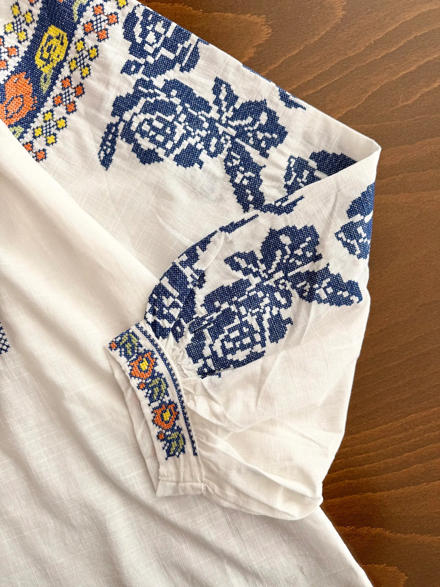 Blue Cross-Stitch Embroidered Blouse