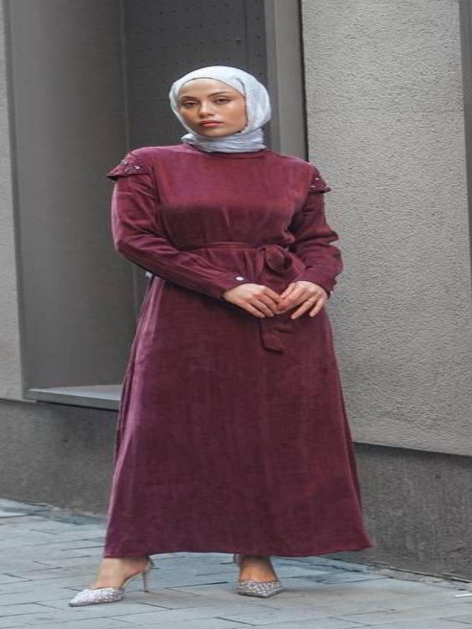 Luxury Silky Burgundy Dress With Embellished Shoulders