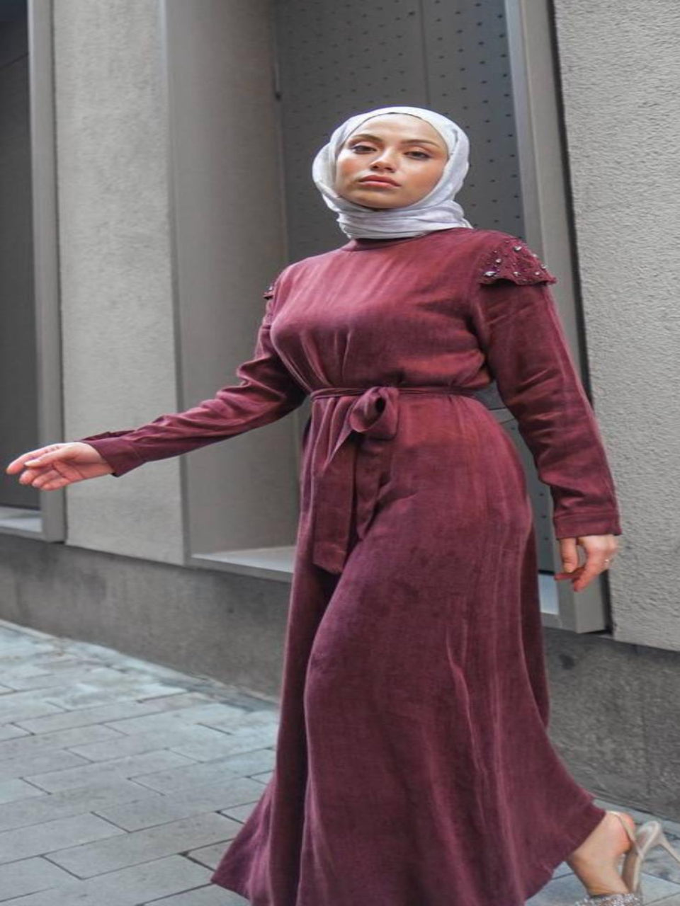 Luxury Silky Burgundy Dress With Embellished Shoulders
