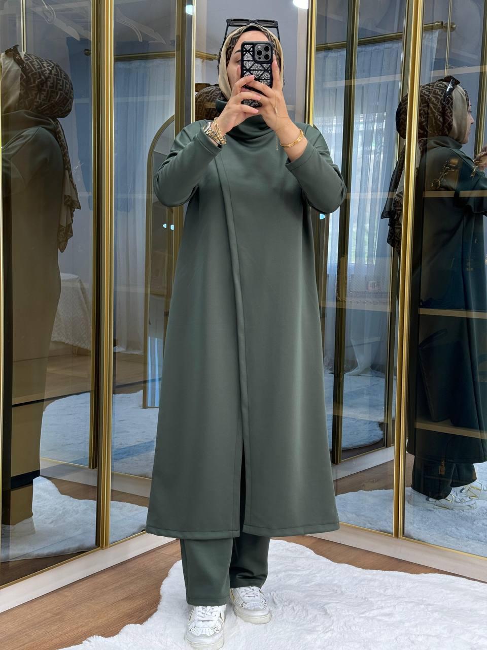 Asymmetrical Khaki Green Scuba Set Modest Chic