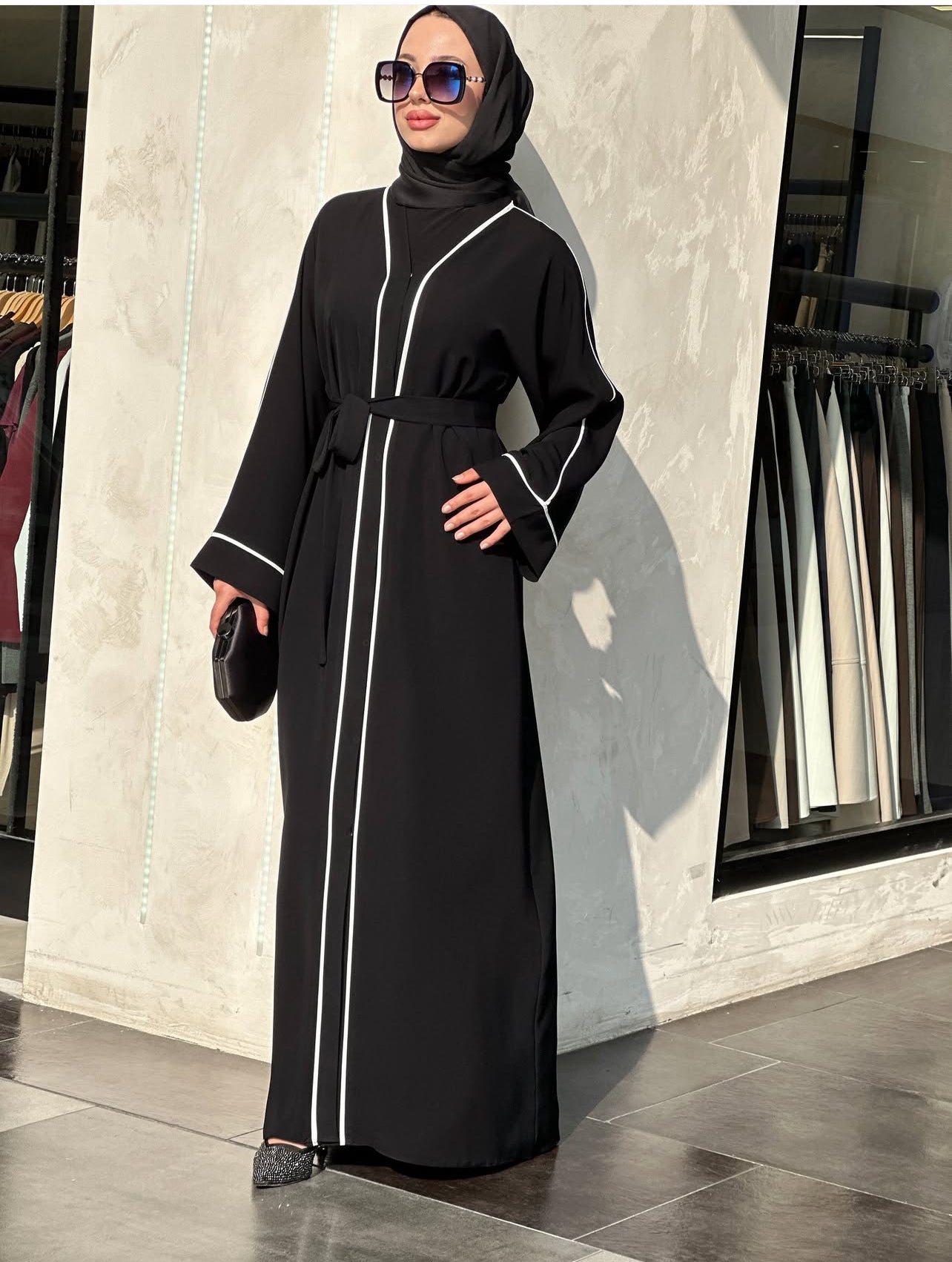 Belted Black Abaya with White Stripe Detailing