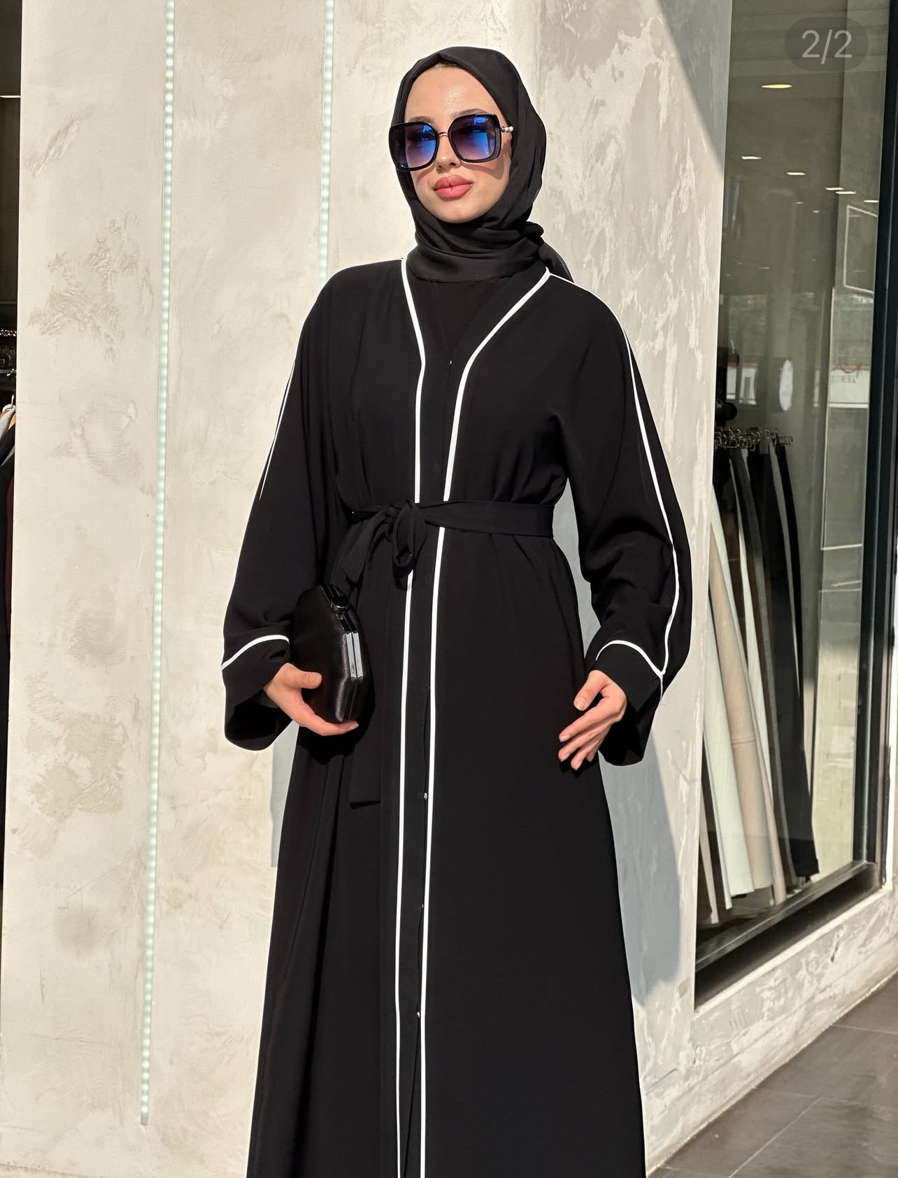 Belted Black Abaya with White Stripe Detailing