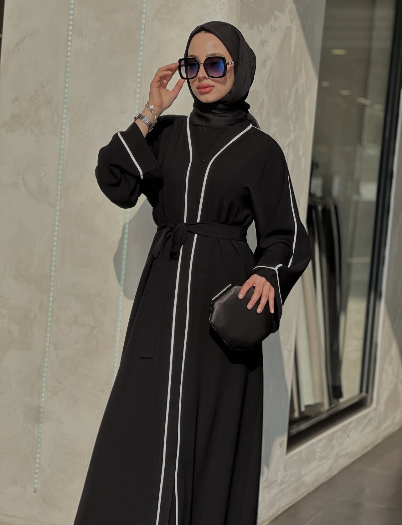 Belted Black Abaya with White Stripe Detailing