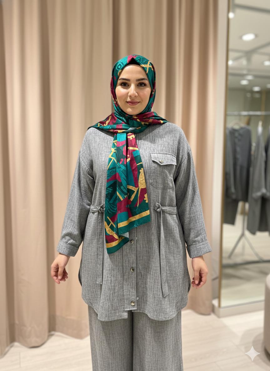 Plus Size Linen-Blend Buttoned Top & Pants Set – Fatma Danışman