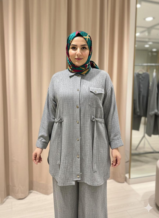 Plus Size Linen-Blend Buttoned Top & Pants Set – Fatma Danışman