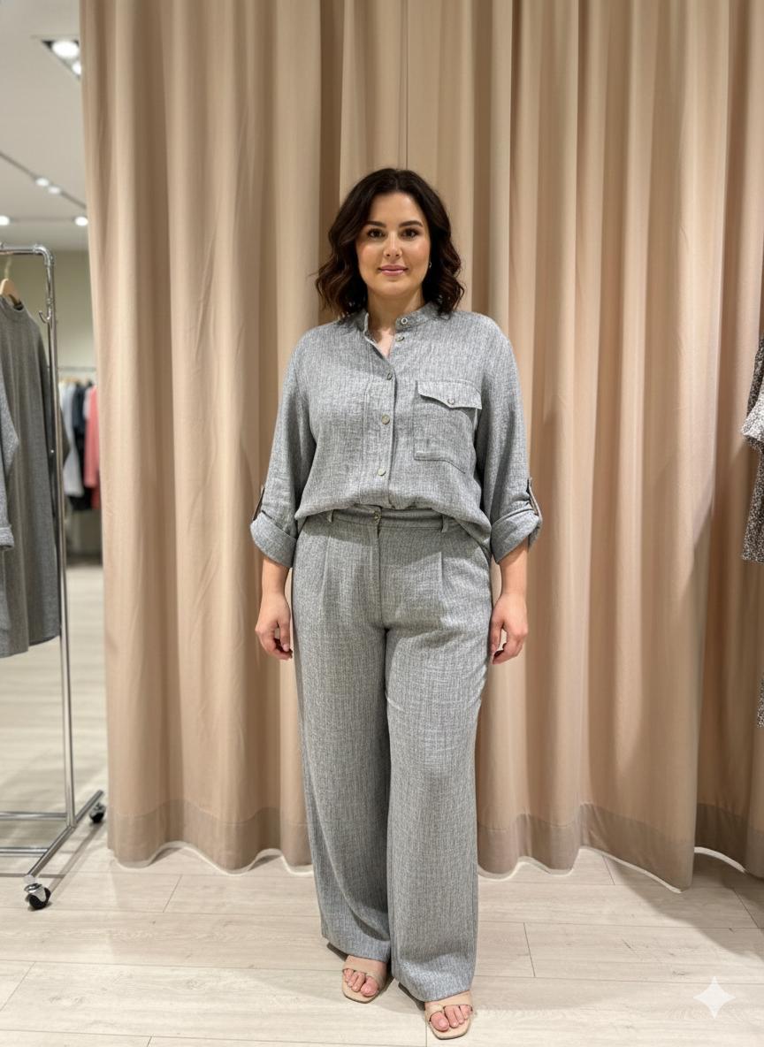 Plus Size Linen-Blend Buttoned Top & Pants Set – Fatma Danışman