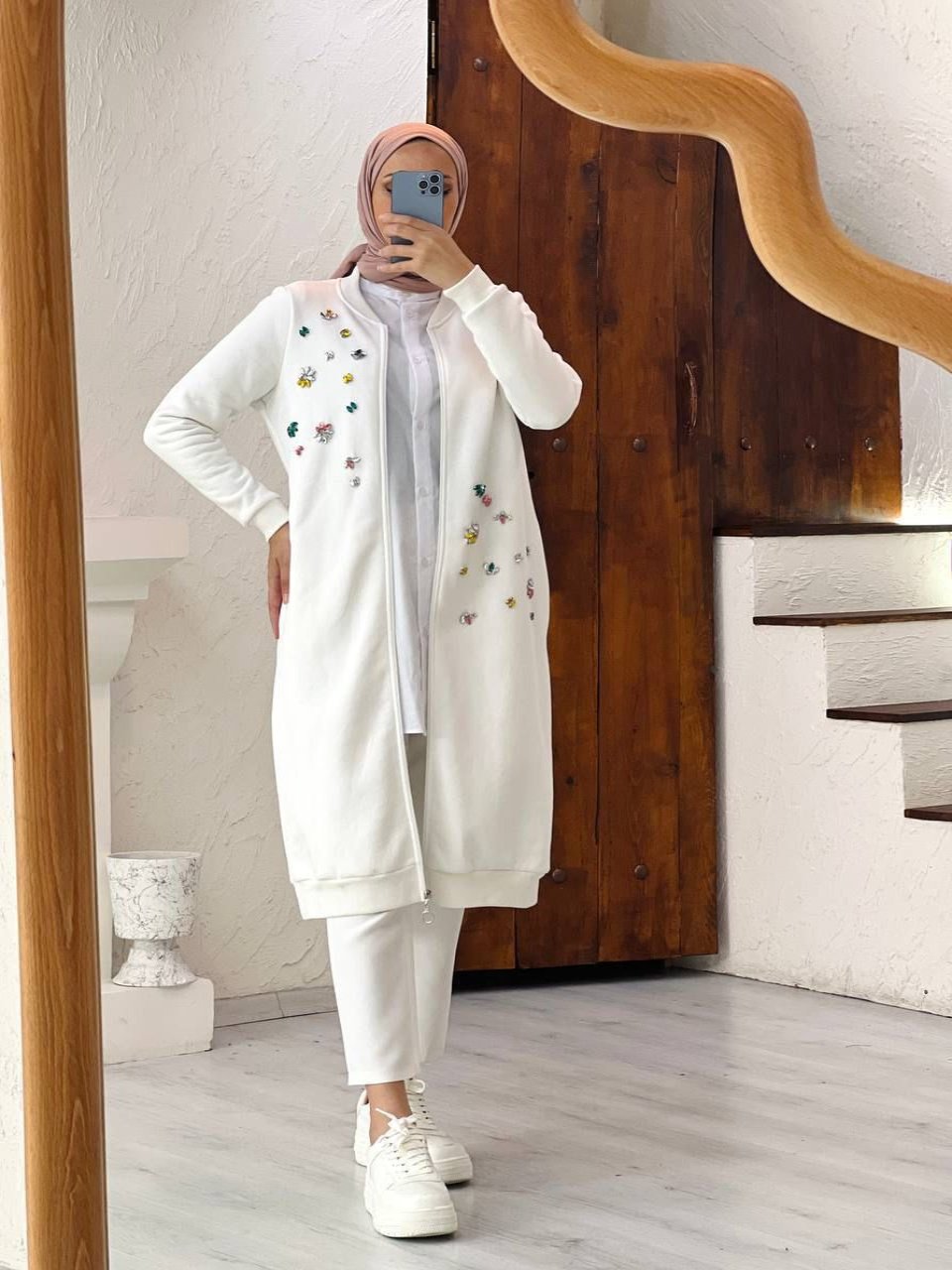 Stone and Bead Embroidered White Trench Coat