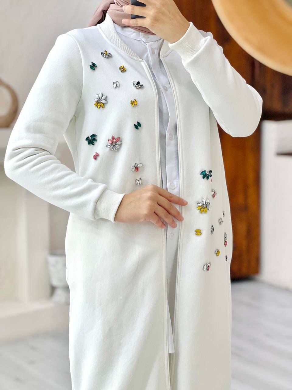 Stone and Bead Embroidered White Trench Coat