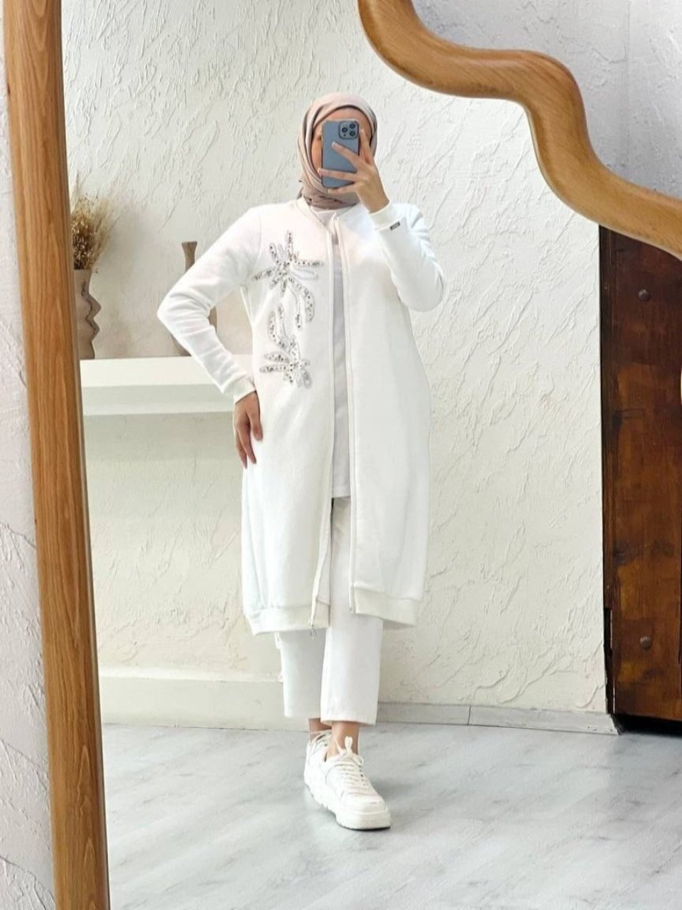 Stone and Bead Embroidered White Trench Coat