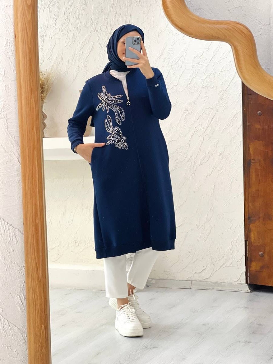 Stone and Bead Embroidered Navy Blue Trench Coat