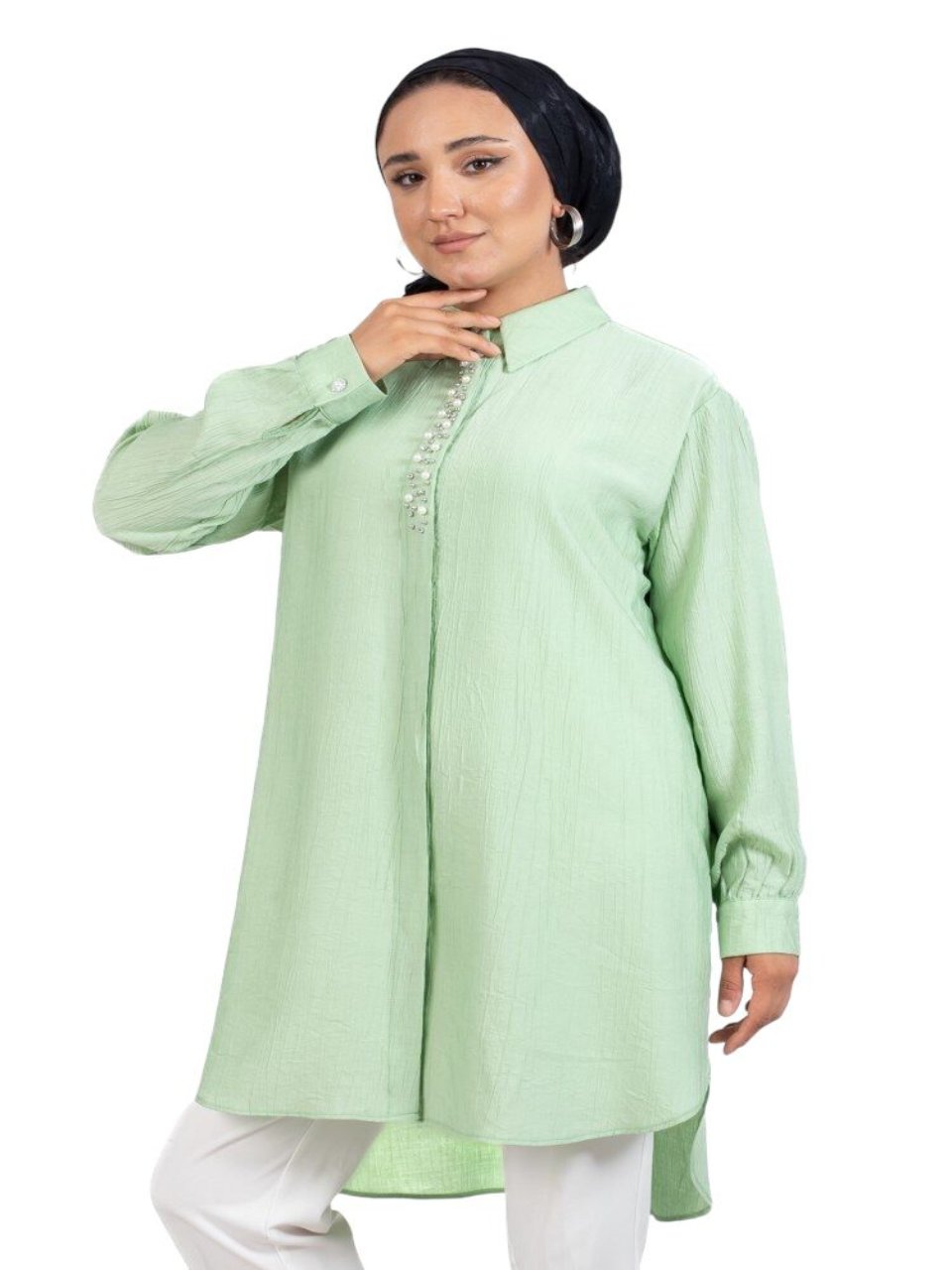 Blossom New Collection Elegant Summer Light Green Pearls Button Shirt