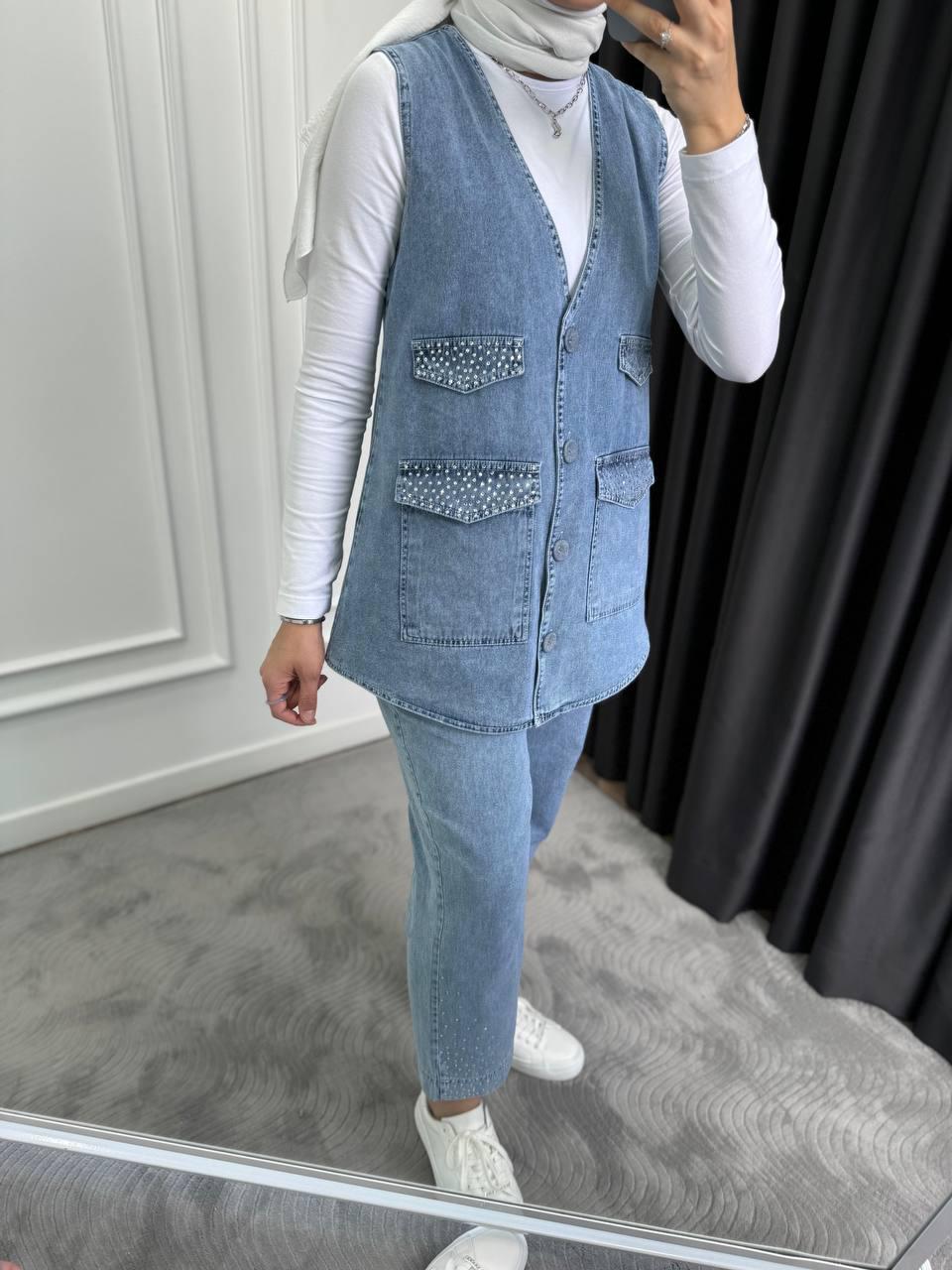 Blossom New Collection: 2-Piece Premium Quality Blue Denim Vest Set