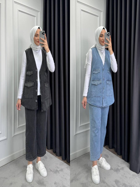 Blossom New Collection 2Pcs Great Quality Dark Gray Vest Jean Set