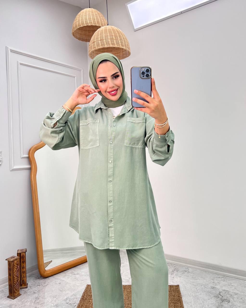 Blossom New Collection: Premium 2-Piece Sage Green %100 Organic Tencel Jean Set