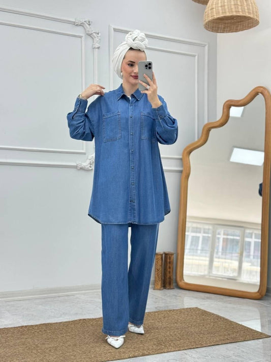 Blossom New Collection: Premium 2-Piece Blue %100 Organic Tencel Jean Set