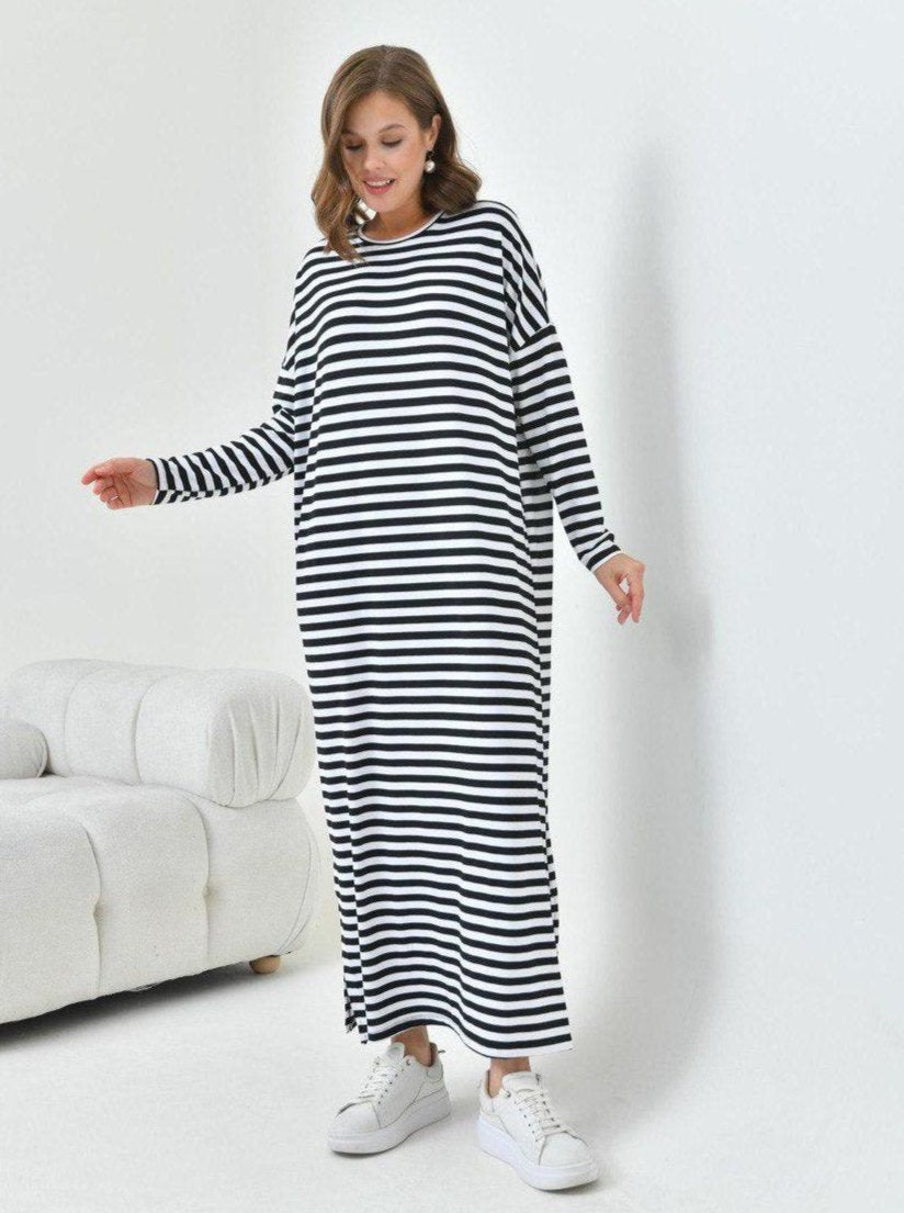 Blossom New Collection: Casual / Trendy White & Black Viscose Stripe Dress