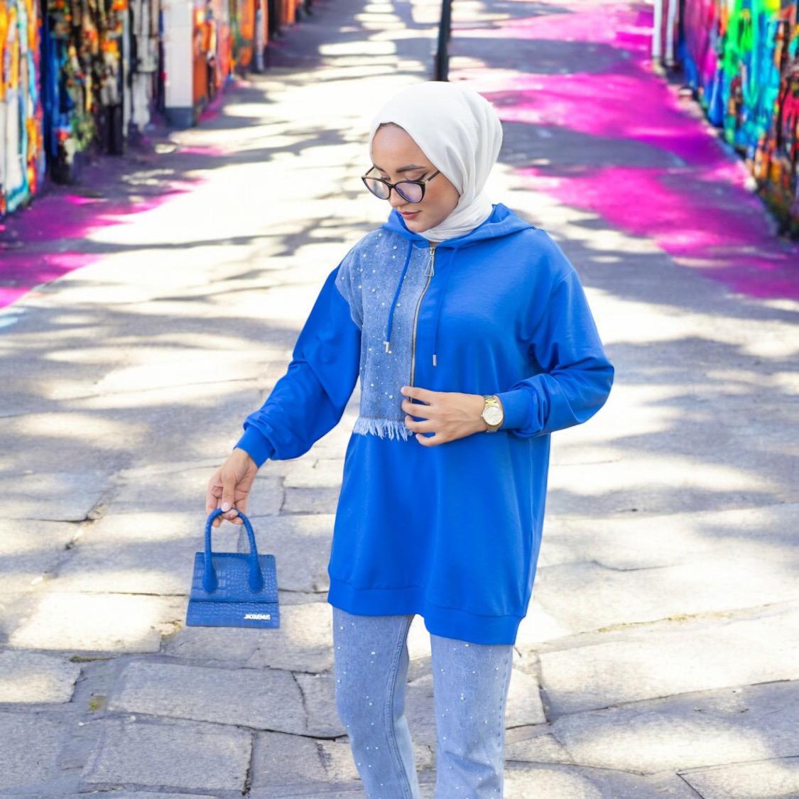 Blossom New Collection: Stylish / Trendy Blue with Jean Pattern Hoodie Tunic