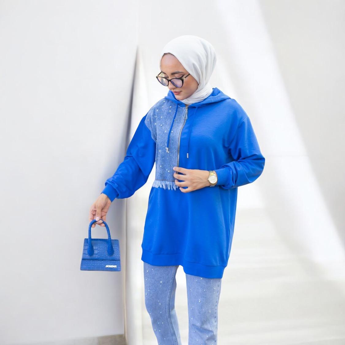 Blossom New Collection: Stylish / Trendy Blue with Jean Pattern Hoodie Tunic