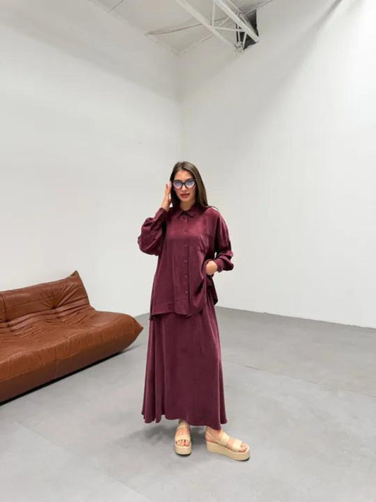 Dark Red Qupra Silk Elegance Skirt Set