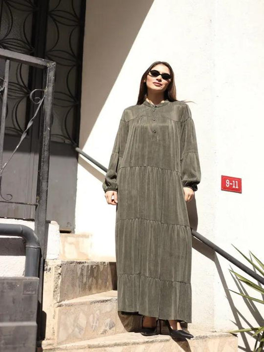 Khaki Green Qupra Silk Elegance Dress