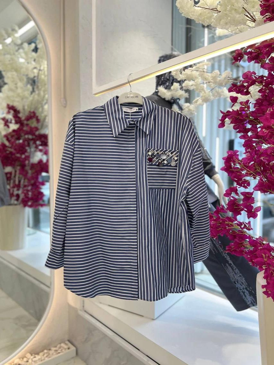 Blossom Collection Blue Striped Shirt with Diamond Embroidered