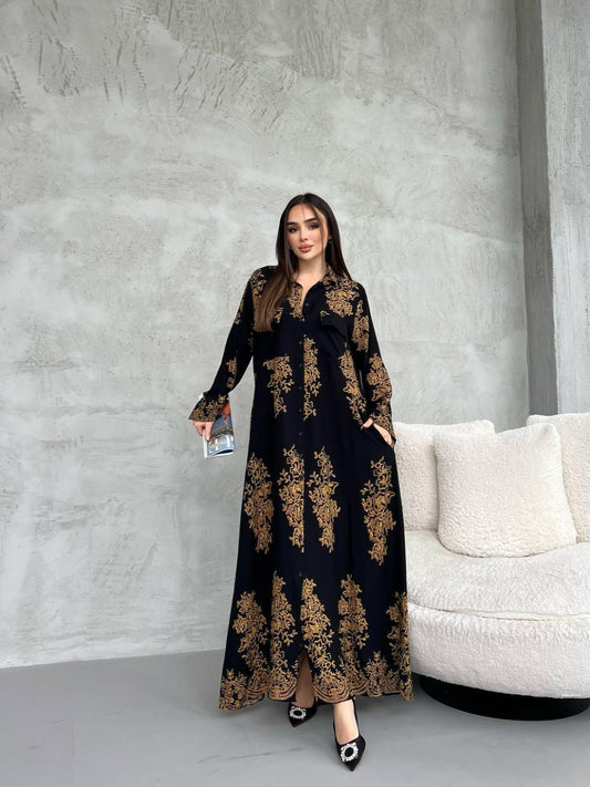 Elegant Blossom Maxi Dress – Black with Pattern Cotton for Summer